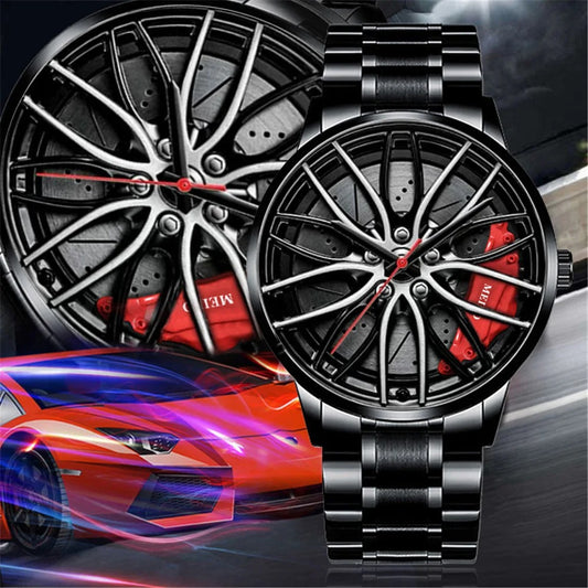 Men’s Leather Strap Quartz Watch – Car Wheel Hub Stainless Steel Military Sports Relógio Masculino