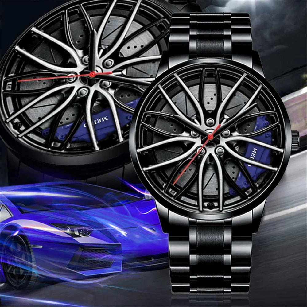 Men’s Leather Strap Quartz Watch – Car Wheel Hub Stainless Steel Military Sports Relógio Masculino